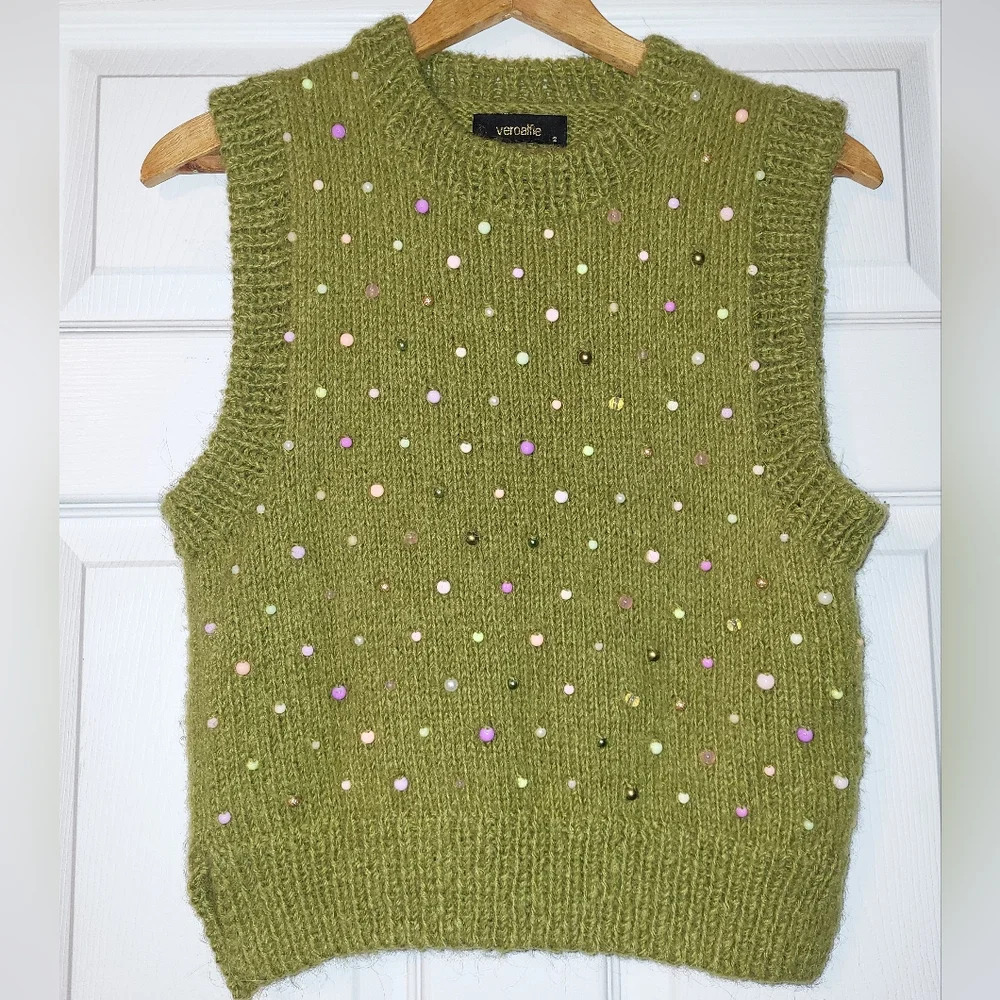 Veroalfie Anthropologie Wool Blend‎ Sweater Vest Beaded Green Size 2